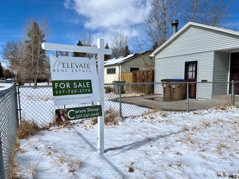 A "for sale" sign is planted in the yard in front of a house