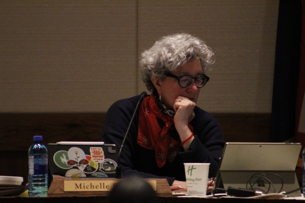 A woman looks at an iPad at a meeting table