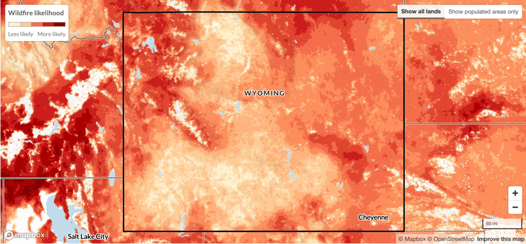 A map shows much of the Wyoming faces high wildfire risks