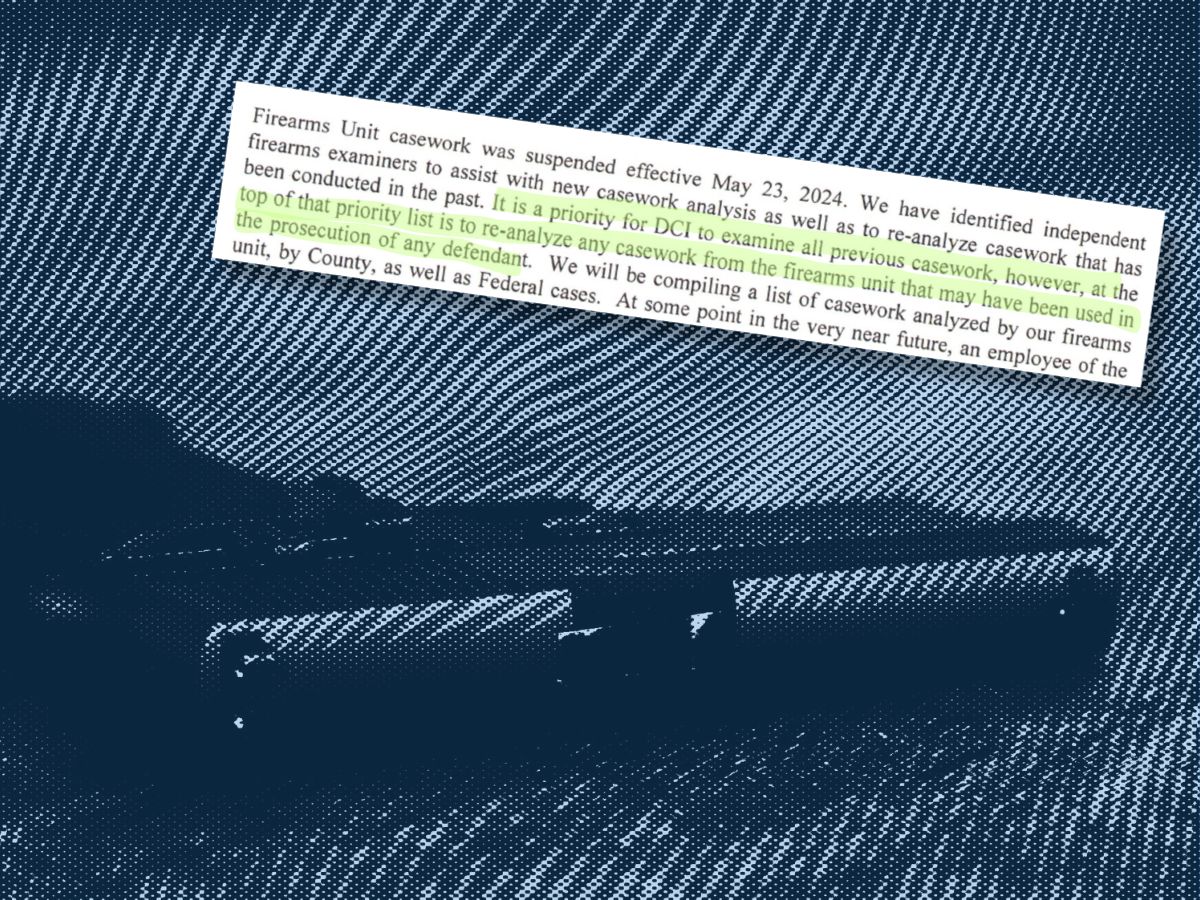 A picture of a gun overlayed with text about the review of firearm evidence in court cases