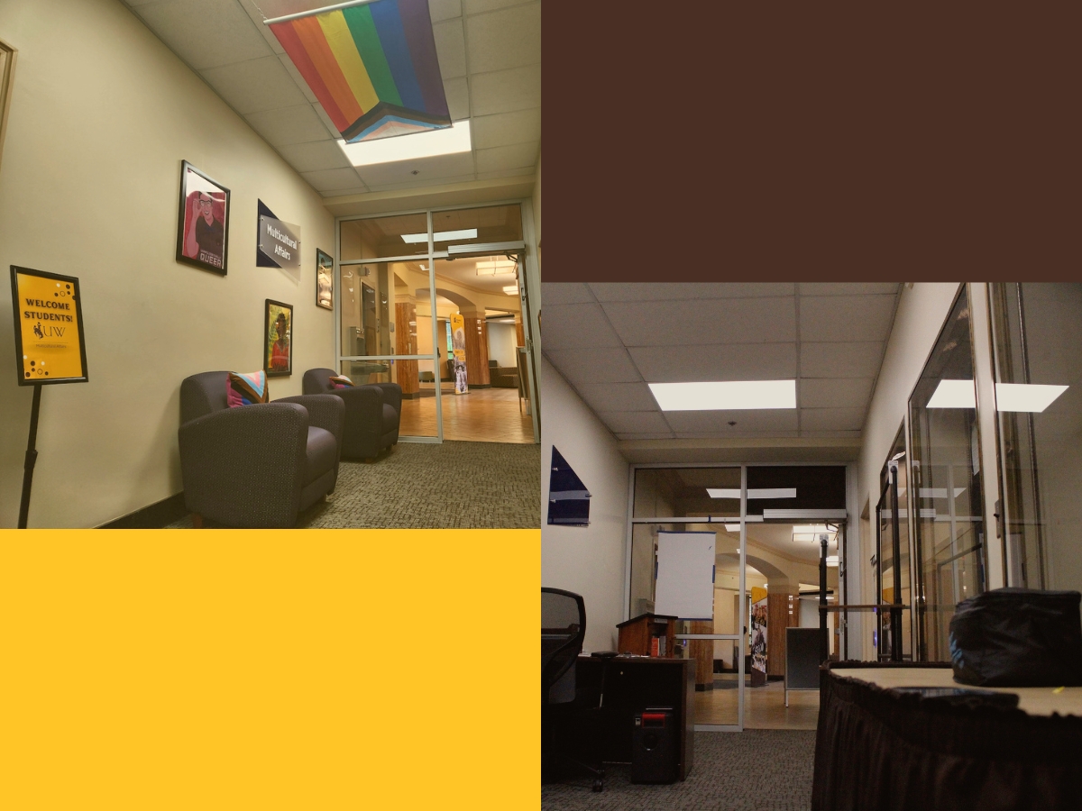Side-by-side images of a hallway with pride flags and pride pillows and bright art vs the same hallway with none of those things
