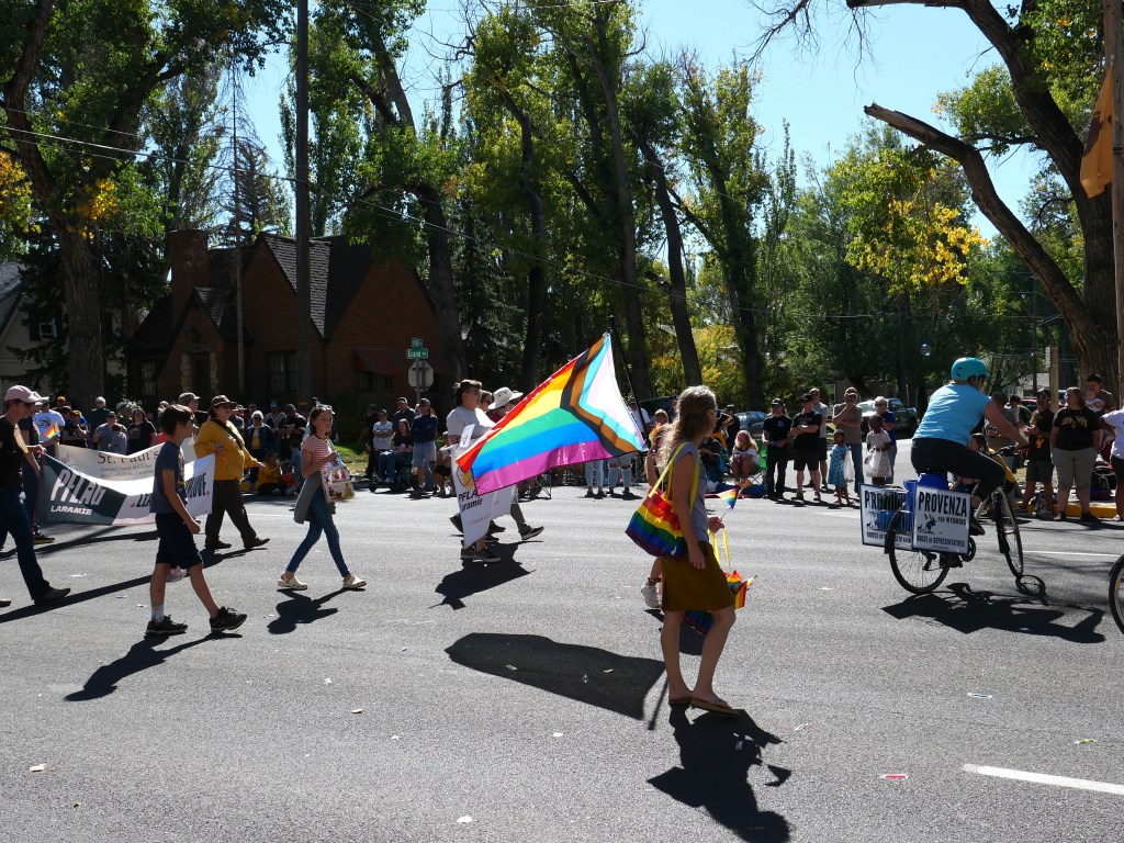 People hold pride flags in a parade