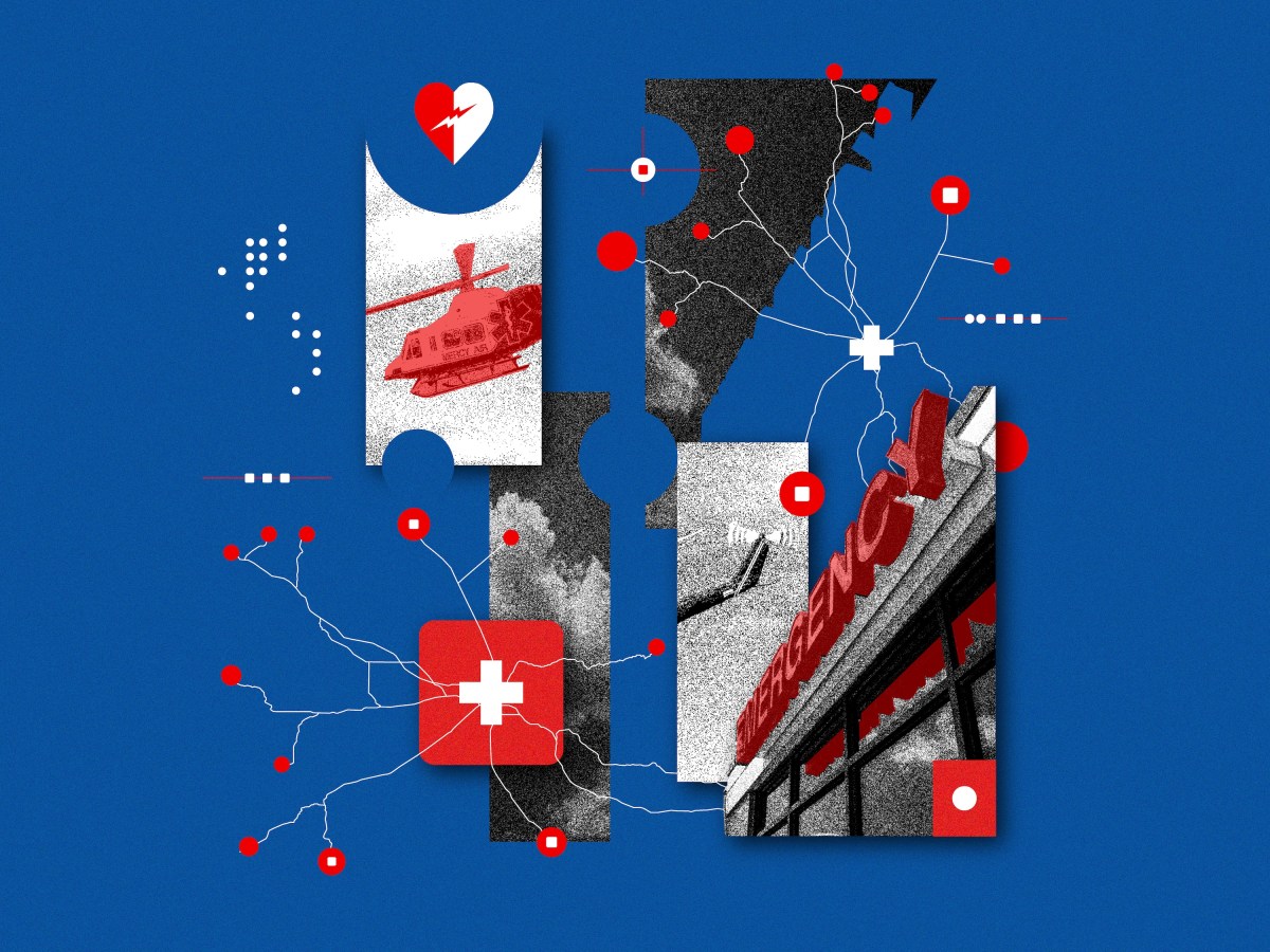 A collage of images including maps, an emergency room and an air ambulance