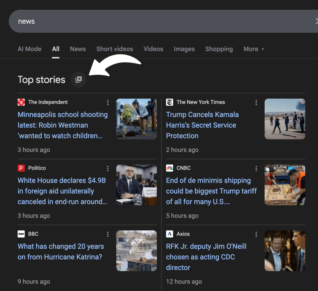 A screenshot of a news section with "Top stories" headlines from sources like The Independent, The New York Times, and BBC. Topics include a Minneapolis school shooting, Trump canceling Kamala Harris's Secret Service protection, and a reflection on Hurricane Katrina 20 years later. The interface displays headlines and small accompanying images.