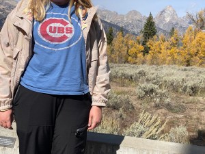 A Chicago Cubs fan in front of the Tetons.