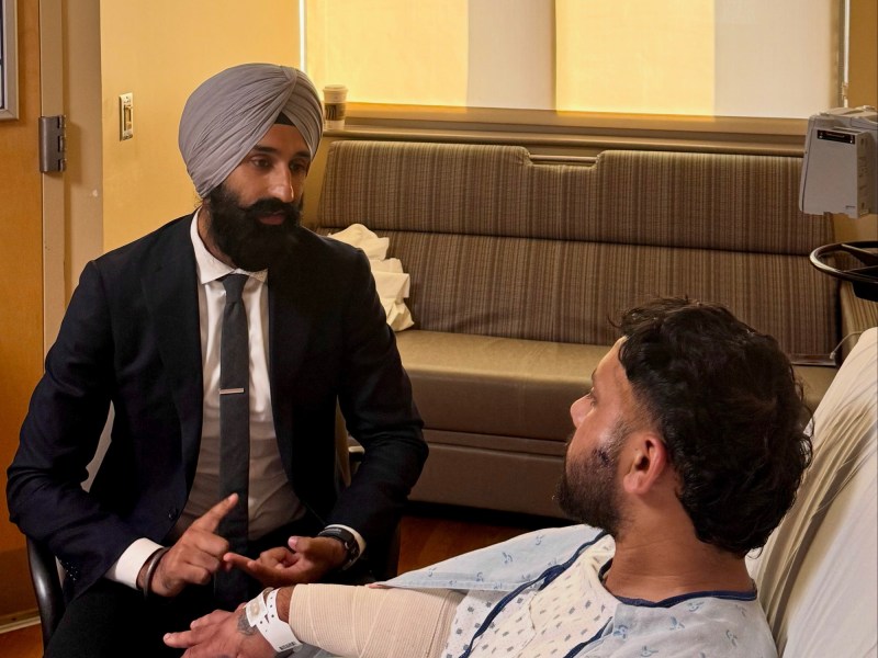 A Punjabi Sikh trucker recovering in a hospital from a knife attack at a Wyoming rest stop.