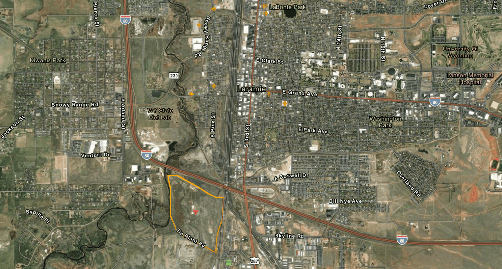 A map of the Laramie rail tie treatment plant superfund site.